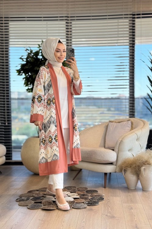 31589 Etnik Desen Baskılı Hırka Açık Taba
