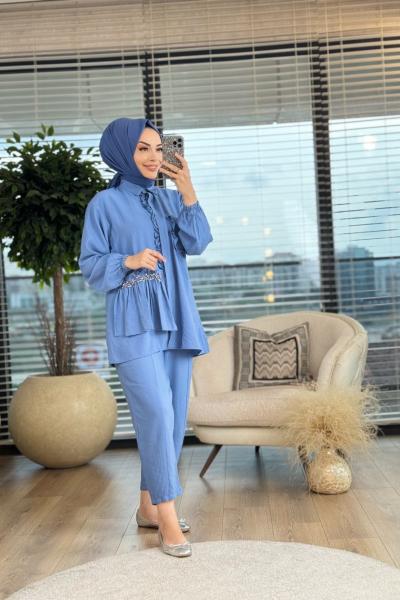 316 Ön Fırfır Ve Taş Detaylı Takım Mavi