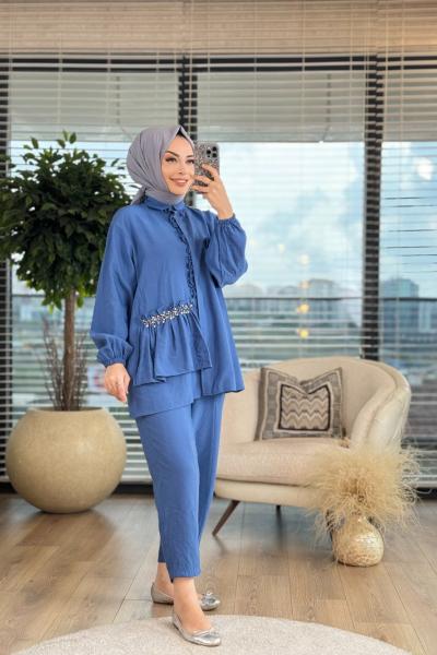 316 Ön Fırfır Ve Taş Detaylı Takım İndigo