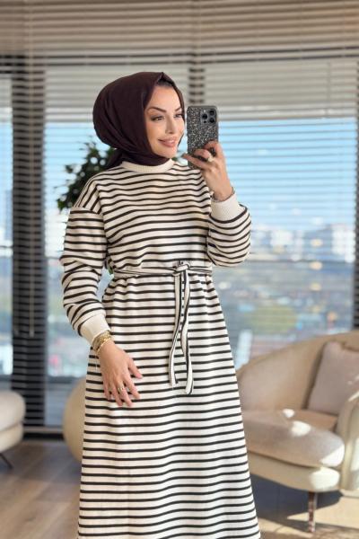 3177 Çizgili Üç İplik Elbise Kahve