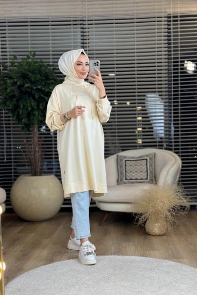 31820 Eva Nakışlı Kapşonlu Tunik Bej