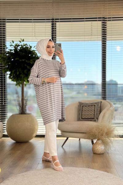 3183 Enine Kalın Çizgili Tunik Gri