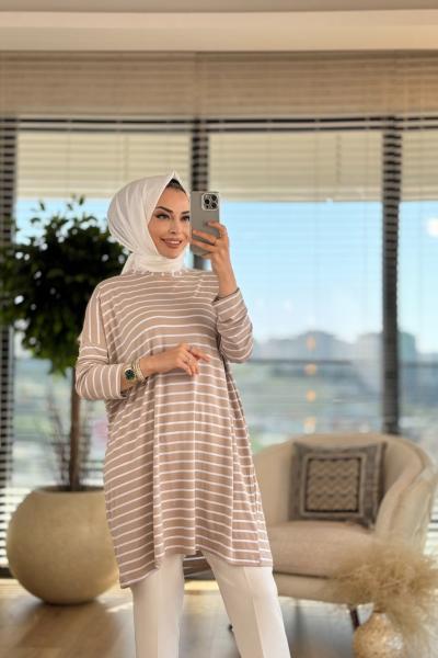 3183 Enine Kalın Çizgili Tunik Bej