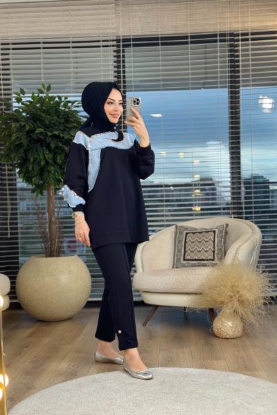 31845 Pul Nakış Ve Kot Detaylı Takım Siyah