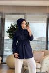 3190 Beli Bağcıklı Denim Ceket Lacivert