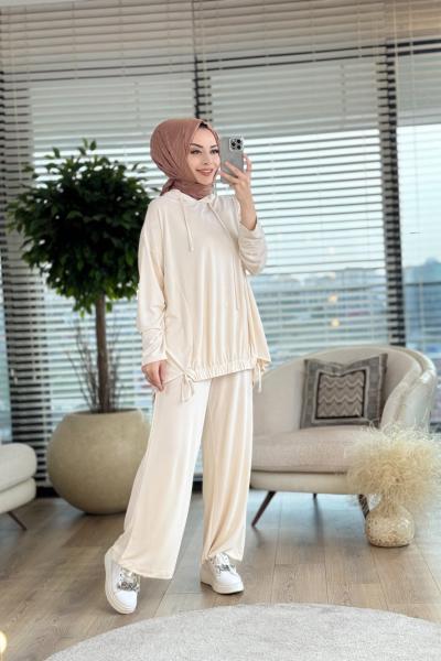 31920 Biye Detaylı Pantolon Takım Açık Bej