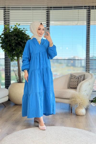 31947 V Yaka Patı Düğmeli Elbise Mavi