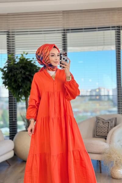31947 V Yaka Patı Düğmeli Elbise Oranj