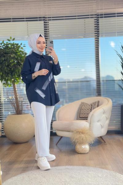 31984 Önü Fırça Sim Baskılı Gömlek Lacivert