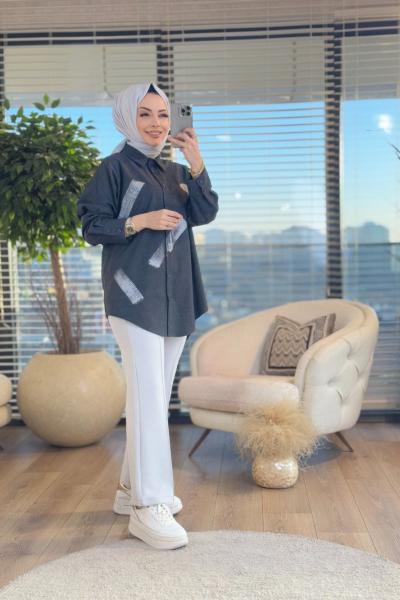 31984 Önü Fırça Sim Baskılı Gömlek Antrasit