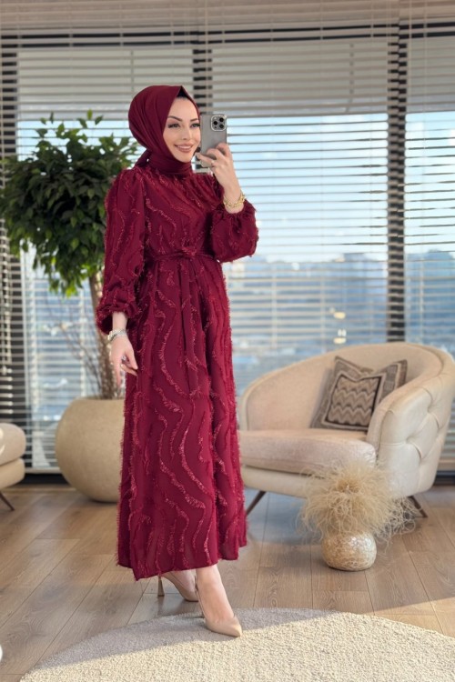 320 Saçak Elbise Bordo