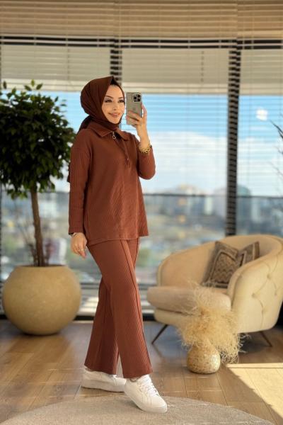 32005 Boyuna Fitilli Patı Fermuarlı Takım Kahve