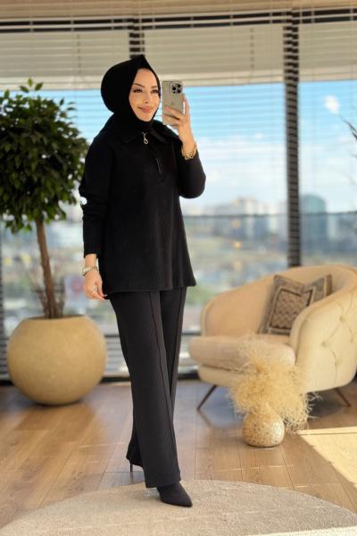 32005 Boyuna Fitilli Patı Fermuarlı Takım Siyah