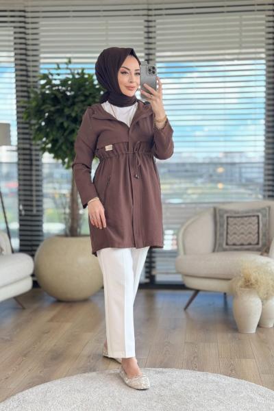 3204 Kapşonlu Ön Fermuarlı Tunik Kahve