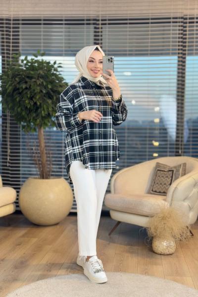 32097 Dikiş Detaylı Kareli Gömlek Siyah