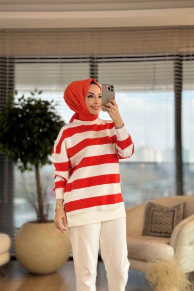 32107 Enine Kalın Çizgili Üç İplik Sweat Oranj