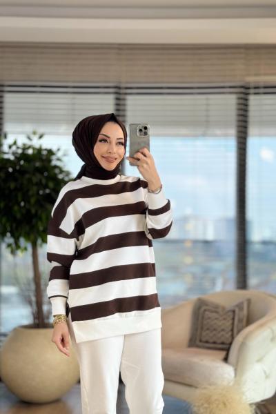 32107 Enine Kalın Çizgili Üç İplik Sweat Kahve