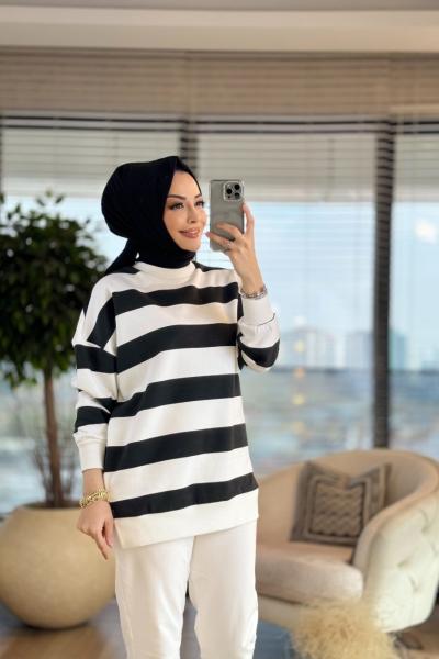 32107 Enine Kalın Çizgili Üç İplik Sweat Siyah