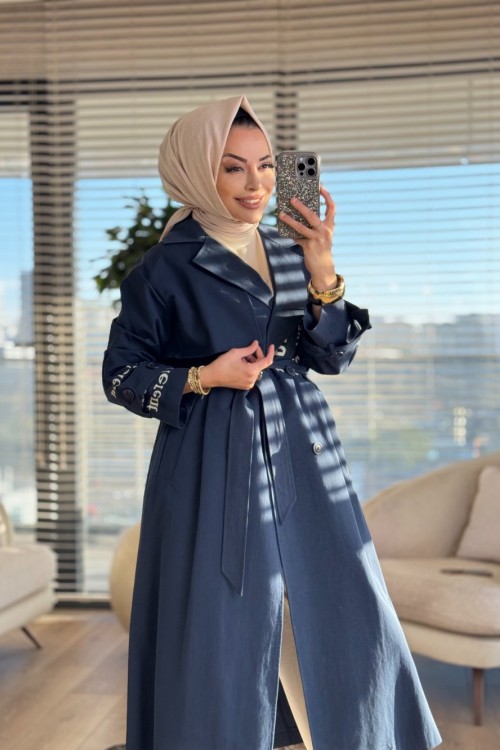 32139 Ön Arka Kol Yazı Baskılı Trenç Lacivert