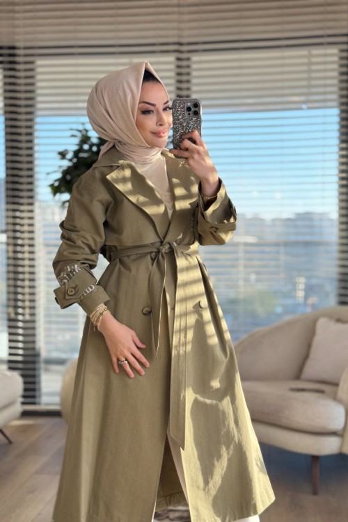 32139 Ön Arka Kol Yazı Baskılı Trenç Haki