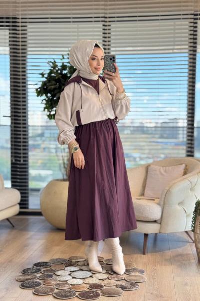32146 Kapşonlu İkili Takım Elbise Mürdüm