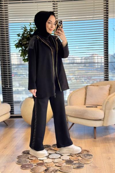 3215 Kontrast Garni Detaylı Takım Siyah