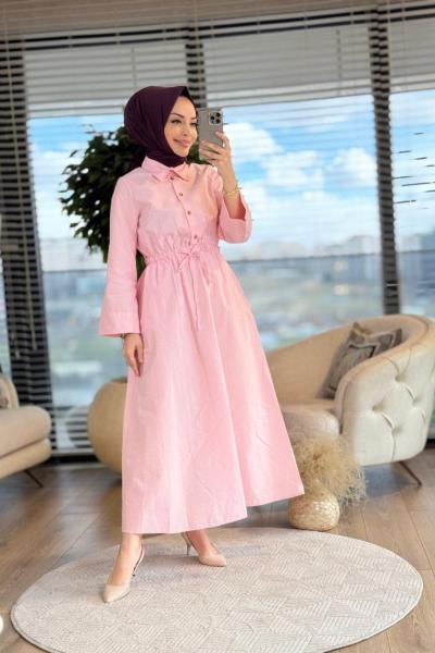 32243 Bel Büzgülü Patı Düğmeli Elbise Pembe