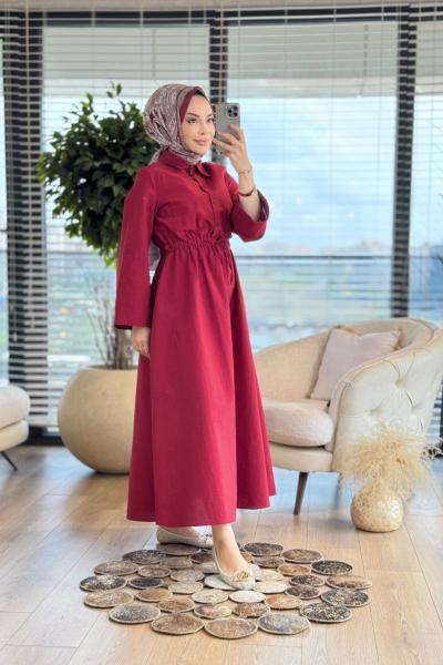 32243 Bel Büzgülü Patı Düğmeli Elbise Bordo