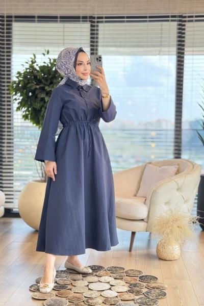 32243 Bel Büzgülü Patı Düğmeli Elbise Lacivert