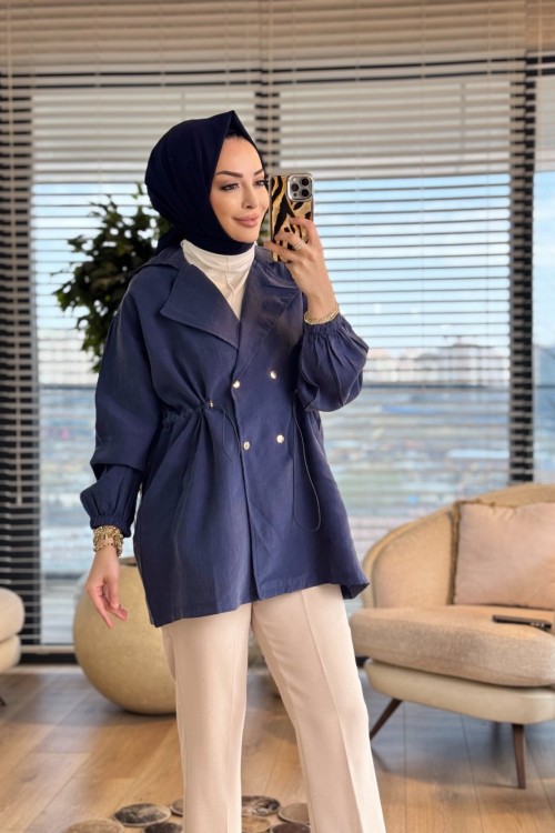 3225 Beli Bağcıklı Dört Düğmeli Ceket Lacivert