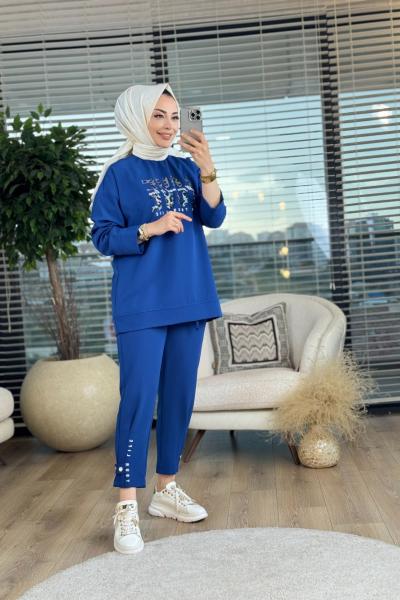 32319 Taş Ve Baskı Detaylı Takım İndigo