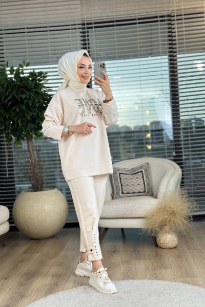 32319 Taş Ve Baskı Detaylı Takım Bej