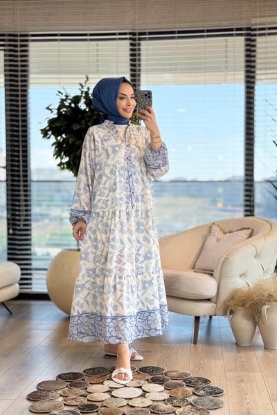 32361 Zikzak Çiçek Desen V Yaka Elbise Mavi