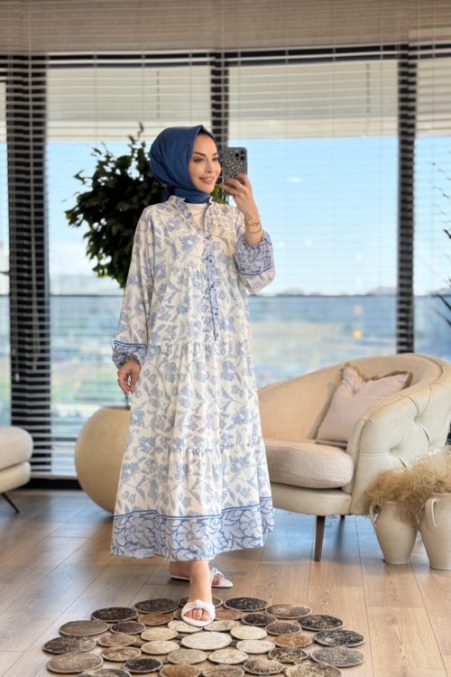 32361 Zikzak Çiçek Desen V Yaka Elbise Mavi