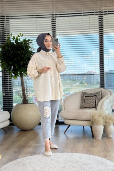 32366 Ön Su Yolu Taşlı Gömlek bej