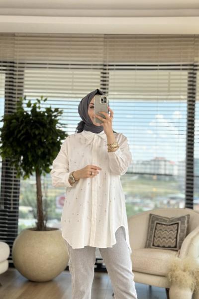 32366 Ön Su Yolu Taşlı Gömlek Ekru