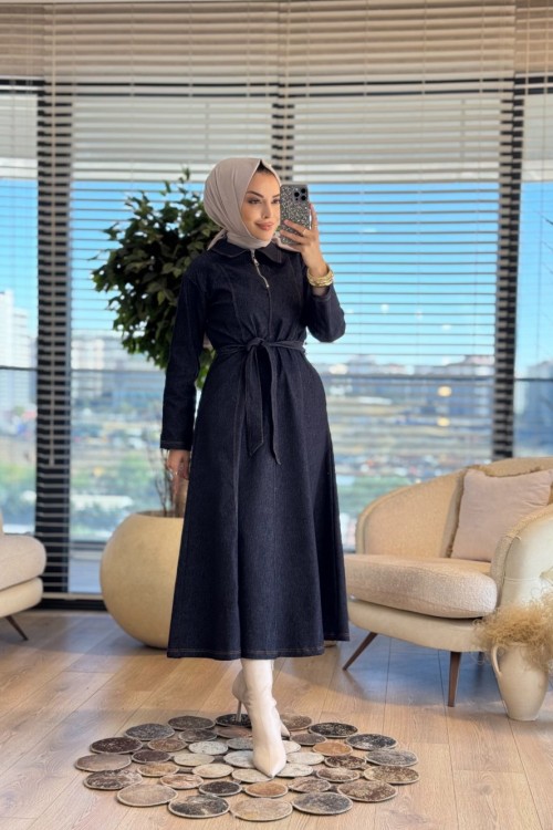 32396 Kot Patı Fermuarlı Dikişli Elbise Lacivert