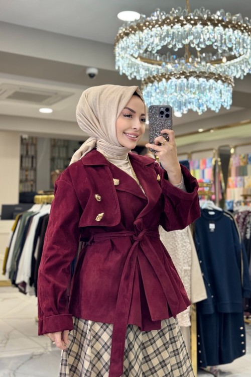32405 Metal Düğme Aksesuarlı Kısa Trenç Bordo