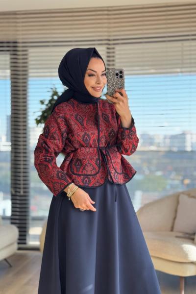 32447 Otantik Desen Önden Bağlamalı Ceket Kırmızı