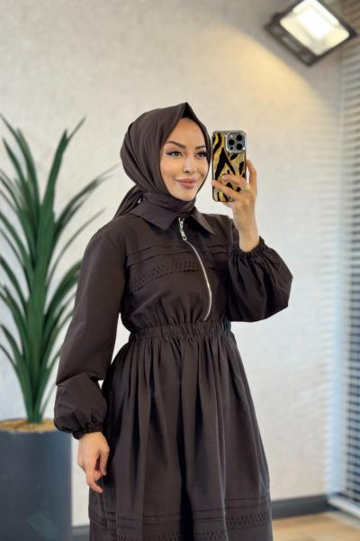 32471 Roba Ve Eteği Dantel Şeritli Elbise Kahve