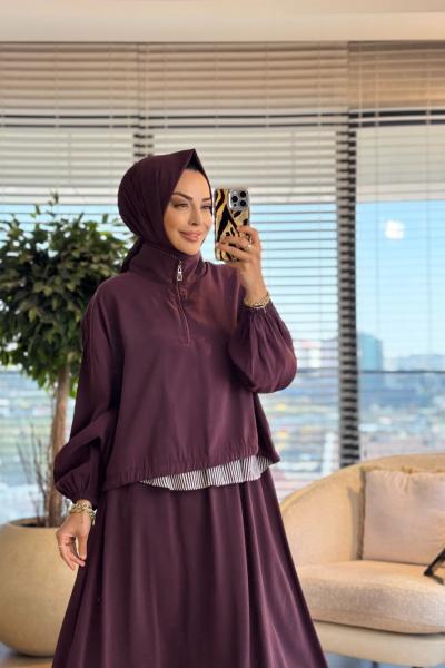 32482 Yaka Ve Baseni Çizgi Parçalı Etek Takım Bordo