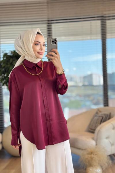 32492 Saten Basic Gömlek Bordo