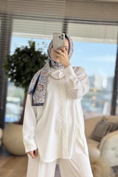32492 Saten Basic Gömlek Ekru