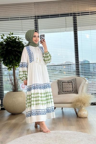 32495 Bordür Desenli Elbise Ekru
