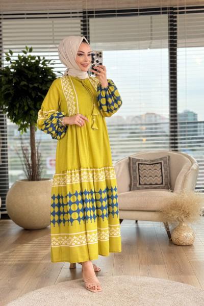 32495 Bordür Desenli Elbise Yağ Yeşili