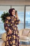 32511 Gofre Desenli Elbise Kahve