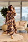 32511 Gofre Desenli Elbise Kahve