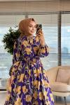 32511 Gofre Desenli Elbise Mor