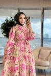 32511 Gofre Desenli Elbise Pembe