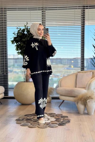 32523 Palmiye Ve Güneş Baskılı Takım Siyah